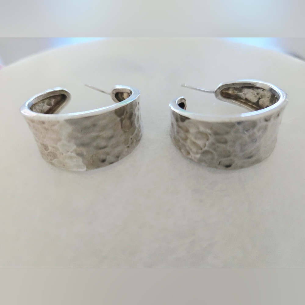 Sterling Silver 925 AT1 Mexico Hammered Hoop Earrings 1990's Era